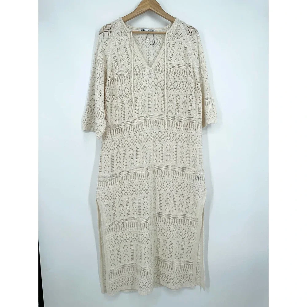 ZARA Crochet Maxi Dress Sheer Open Knit Long Sleeve Beach Cover Up Dress, Cream - Picture 6 of 14
